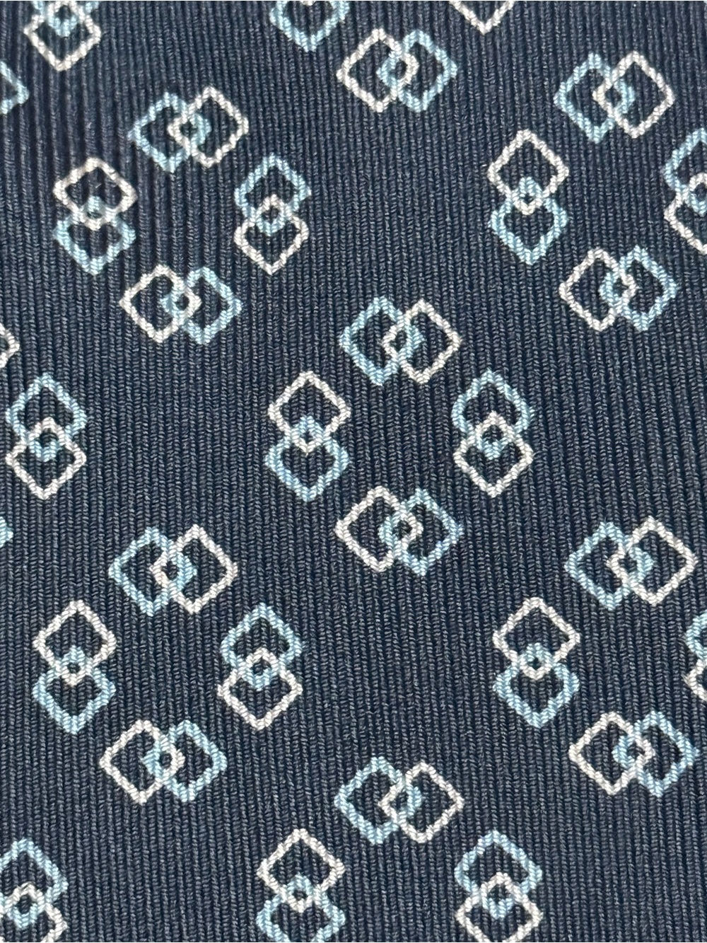 Brioni Navy Blue Silk Tie with Light Blue and White Geometric Pattern